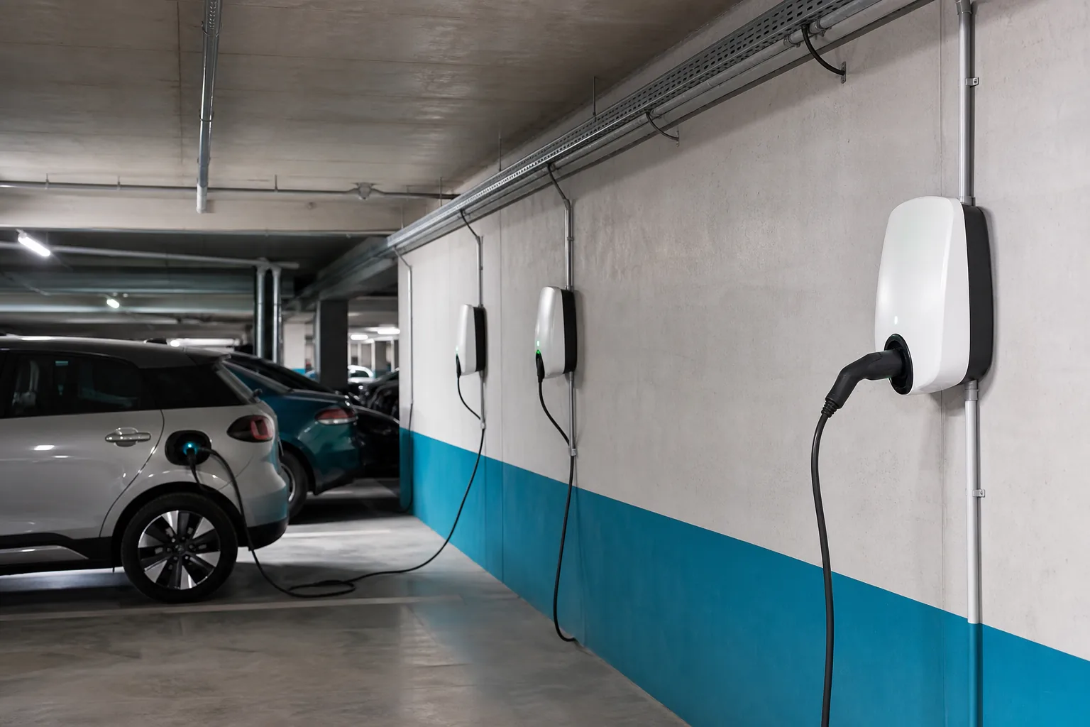 Parking souterrain de copropriété équipé de bornes de recharge murales