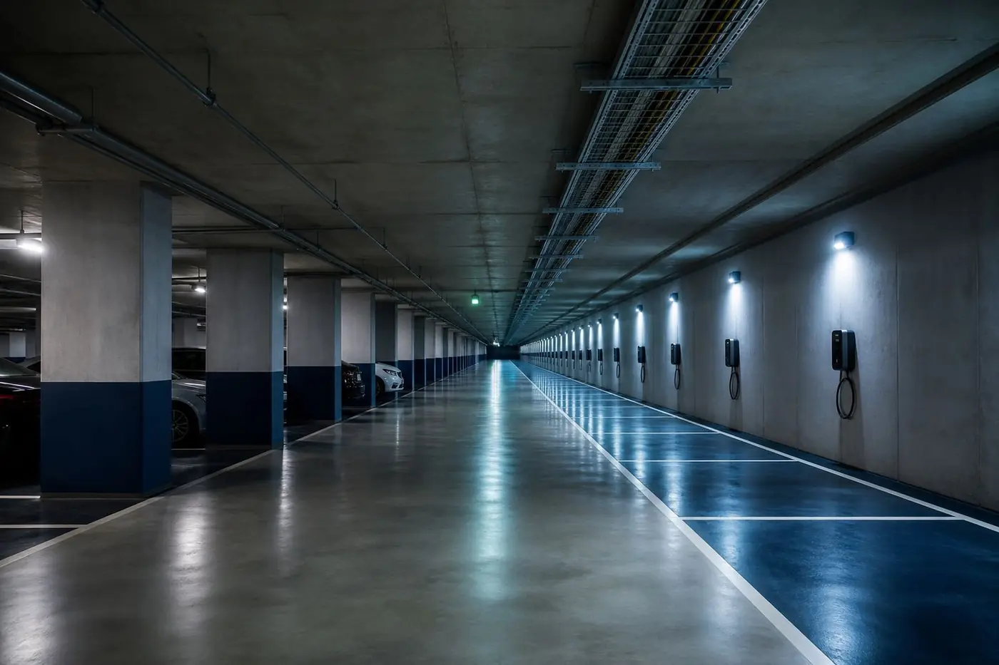 Parking souterrain de copropriété avec des bornes de recharge le long des places