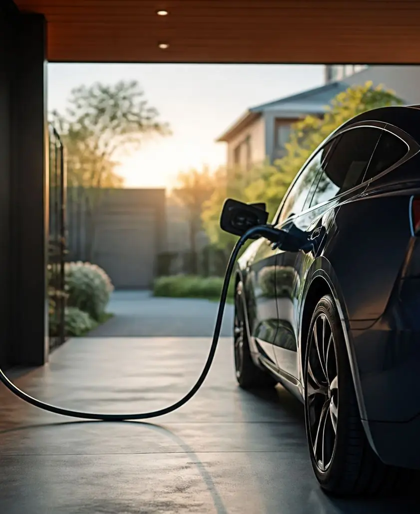 Voiture électrique en charge à l'entrée d'un garage de maison